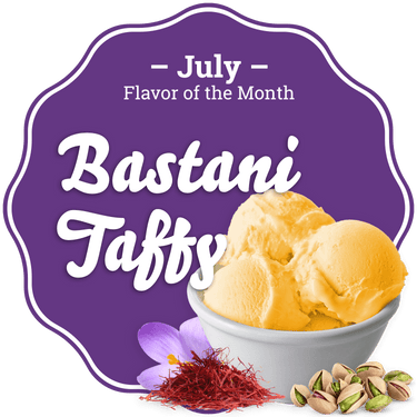 Taffy Town July Flavor of the Month - Bastani Taffy Salt Water Taffy featuring a purple background with a bowl of saffron ice cream, saffron threads, a saffron flower, and pistachios